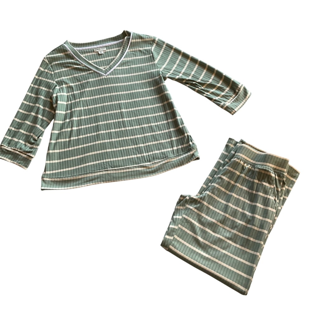Anne Klein Pajama Set Women Medium Green Striped Ribbed Knit V-Neck 2PC Lounge